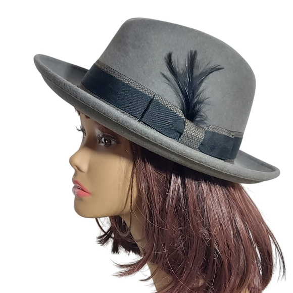 Hats in the Belfry 100% Gray Wool Fedora Black bow hatband and feather main image 9
